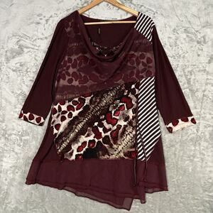 Picadilly Fashions Top Mixed Media Animal Print Striped Cowl Neck Artsy Tunic M